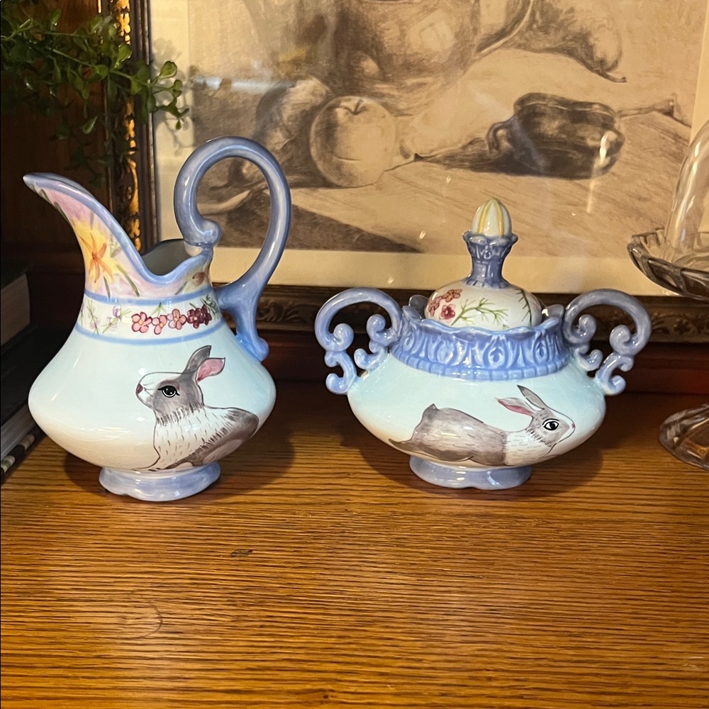 Charming Blue and White Bunny creamer and Sugar Bowl Set